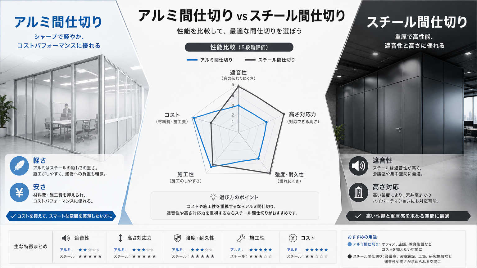 アルミ間仕切りとスチール間仕切りの違い