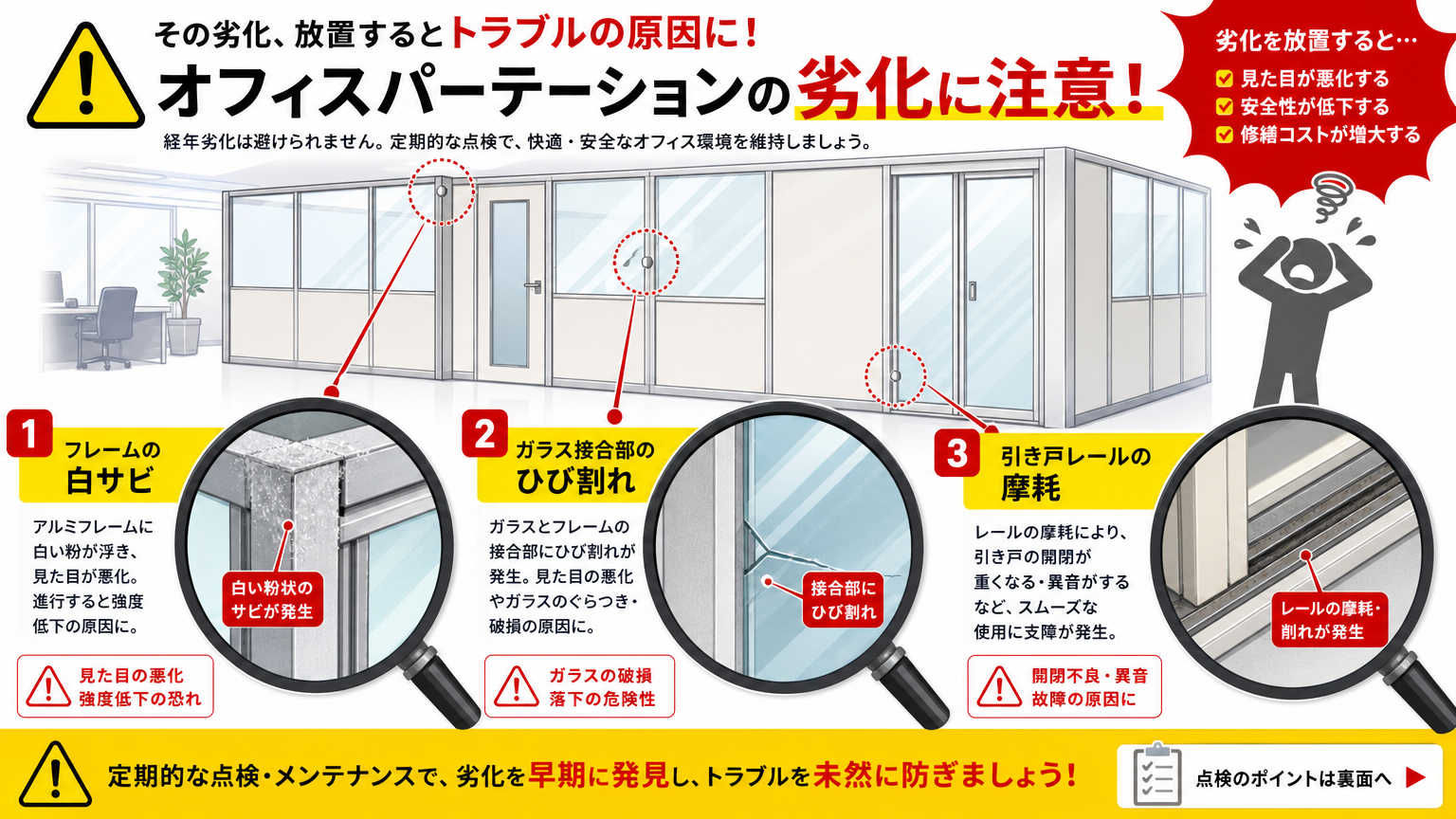 オフィスパーテーションにおけるアルミ劣化の具体例