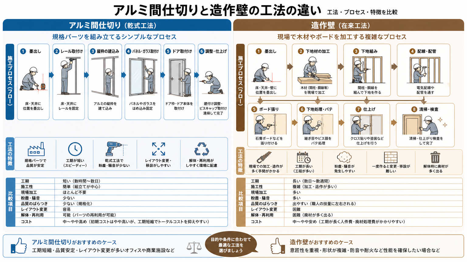 アルミ間仕切りと造作壁の違い